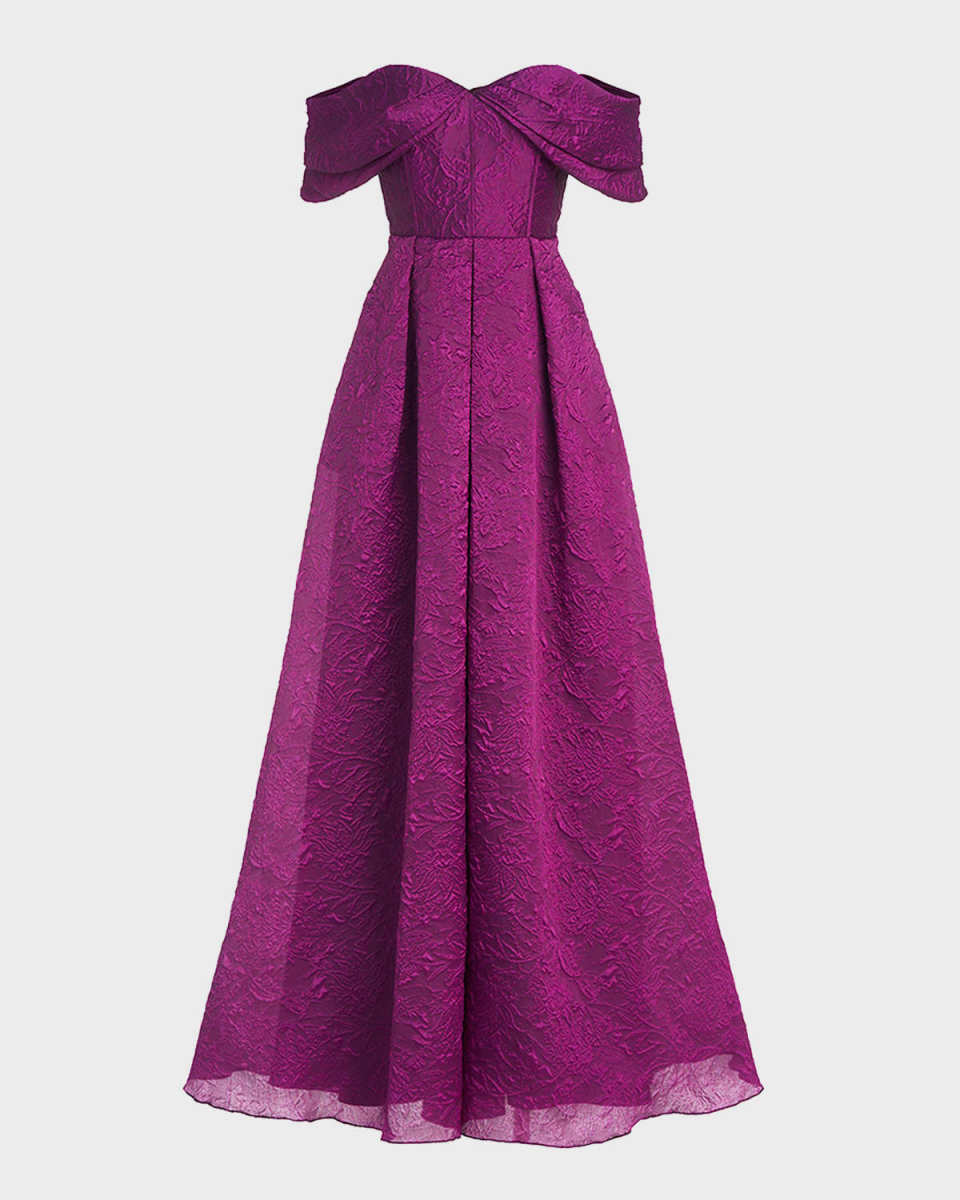 Joelle Off-Shoulder Pleated Jacquard Gown